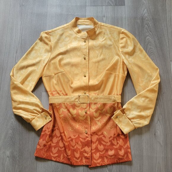 Vintage Style Leslie Fay Two-Piece Gold Orange Floral Buttoned Pantsuit Jacket - Picture 4 of 12